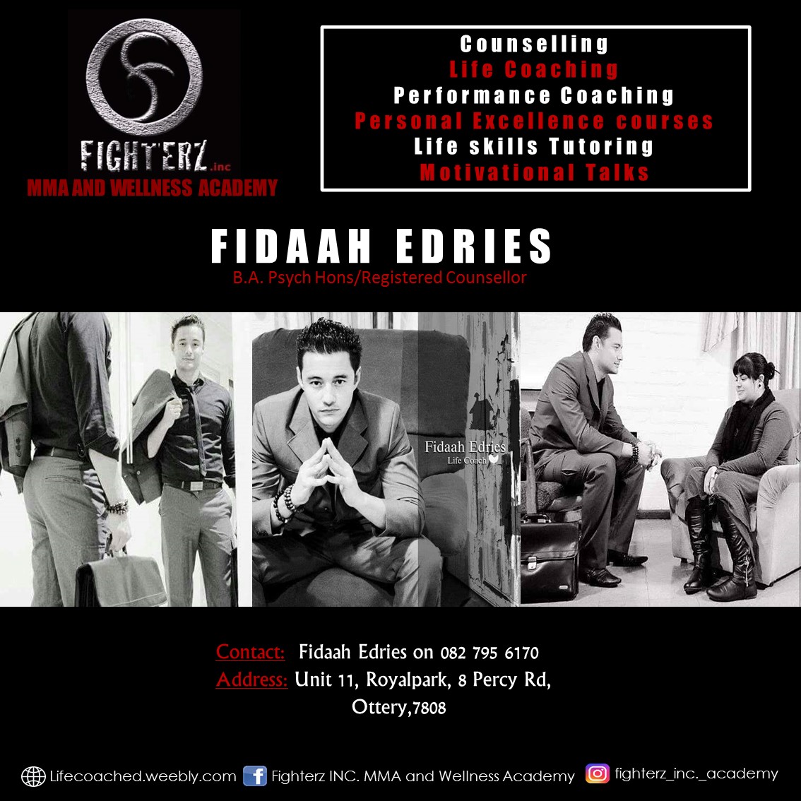 sarahfish03's tweet photo. Counselling and Life coaching offered at Fighterz Inc. Contact Fidaah Edries on 082 795 6170. Please RT for awareness 💙🙏🏼 #MentalHealthMatters https://t.co/9HbKChoxmk
