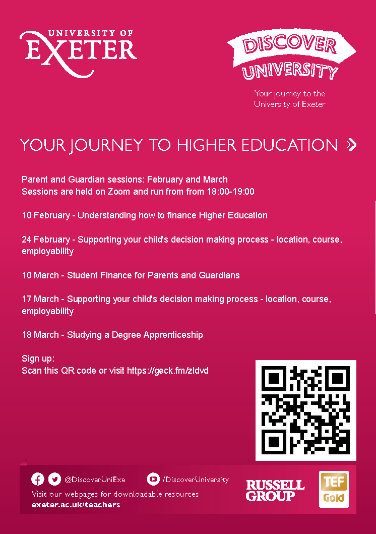 Don't forget, we're running a series of Parent/Guardian sessions over the next few months. Covering topics including Student Finance and Supporting your child's decision making process. Register here: gck.fm/zldvd