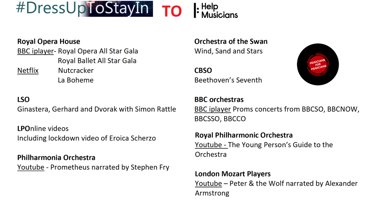 Mu_For_Mu's tweet photo. Some livestreams from friends of #MusiciansForMusicians you might choose if you're doing a DIY #DressUpToStayIn event on 6th Feb.
@RoyalOperaHouse @londonsymphony @LPOrchestra @philharmonia @Orchestra_Swan @TheCBSO @BBCSSO @BBCNOW @BBCSSO @BBCCO @rpoonline @mozartplayers https://t.co/3mqN2ga8ps