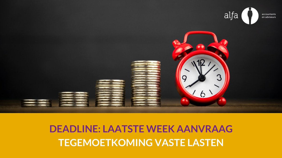 ⏰⚠Vrijdagmiddag om 17:00 uur is de deadline voor de Tegemoetkoming Vaste Lasten van het vierde kwartaal van 2020. Lees alles over de steunmaatregel en de aanvraag op: alfa.nl/actueel/verder…