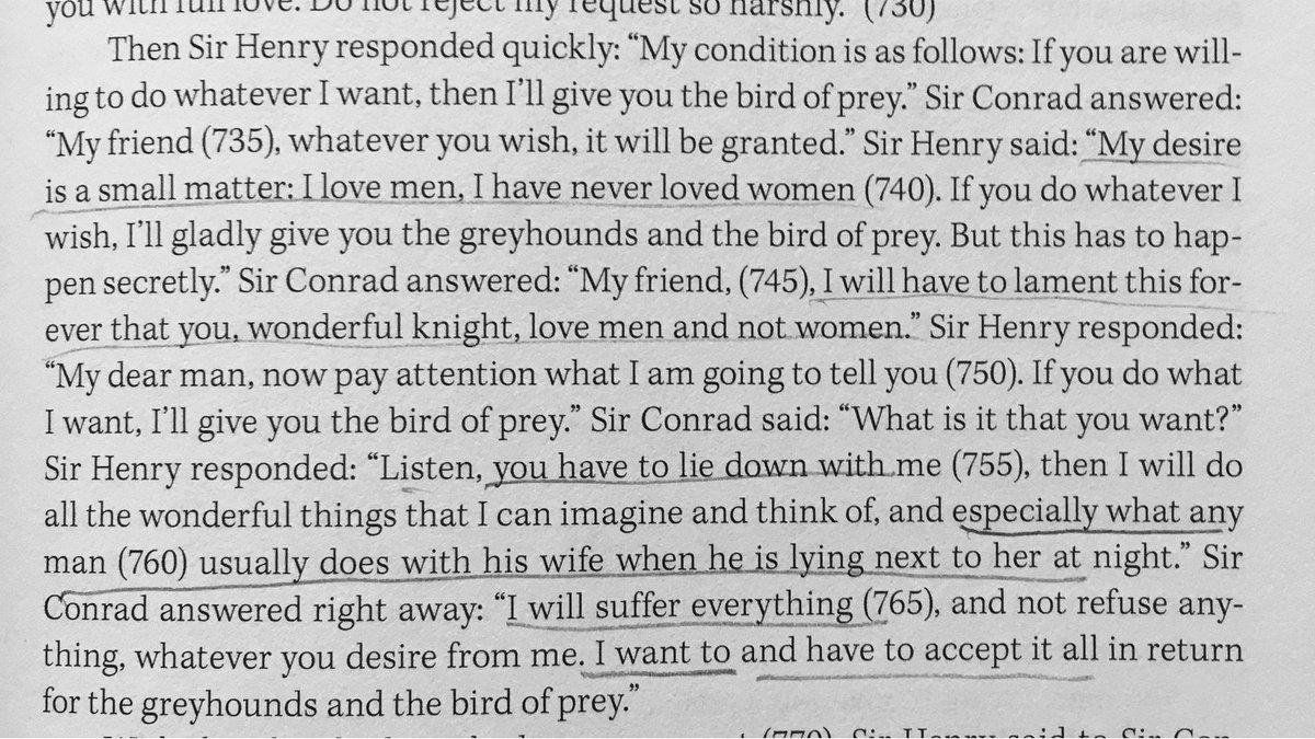 The husband says it's sad that such a wonderful knight should love men and not women. Sir Henry tells him that he must fulfill Henry's wish if he wants all these presents. The husband asks what the wish is. Sir Henry says he wants to have sex with the husband.