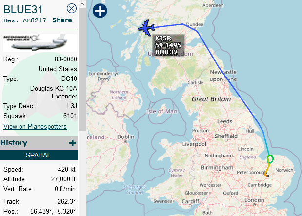 SirListenalot's tweet photo. #KC10 #BLUE31 and #KC135 #BLUE32 dragging three "LN" #F15's as #RETRO81-83 bound for Warner Robins and a Polish AF #F16 as #RETRO84 via MIMKU - MOGLO - ETARI - N55W020 - N5430W02500 - N54W030 https://t.co/KqpJfcWjjm