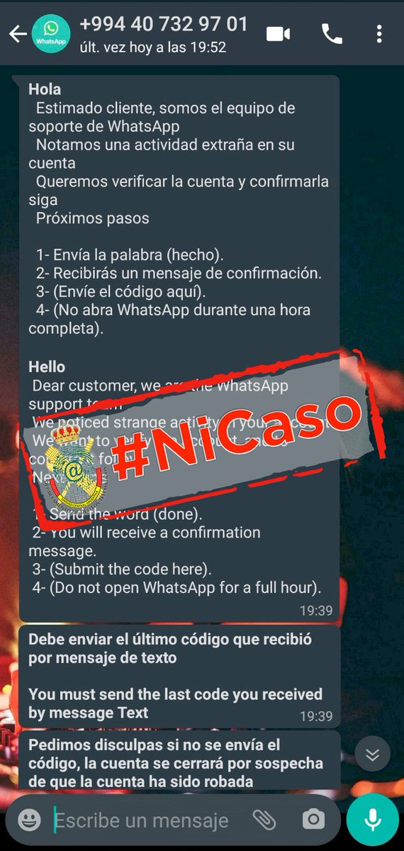 GDTGuardiaCivil's tweet photo. A ver si poniéndolo en grande y con vuestros RT llegamos a la mayor cantidad de gente posible:

❌❌❌
NUNCA

COMPARTAS

CÓDIGOS

DE

VERIFICACIÓN

CON

NADIE
❌❌❌

#NiCaso a peticiones como la de la imagen si no quieres perder tu cuenta de #Whatsapp #Instagram #Twitter #TikTok https://t.co/vGM0bYZ8xb