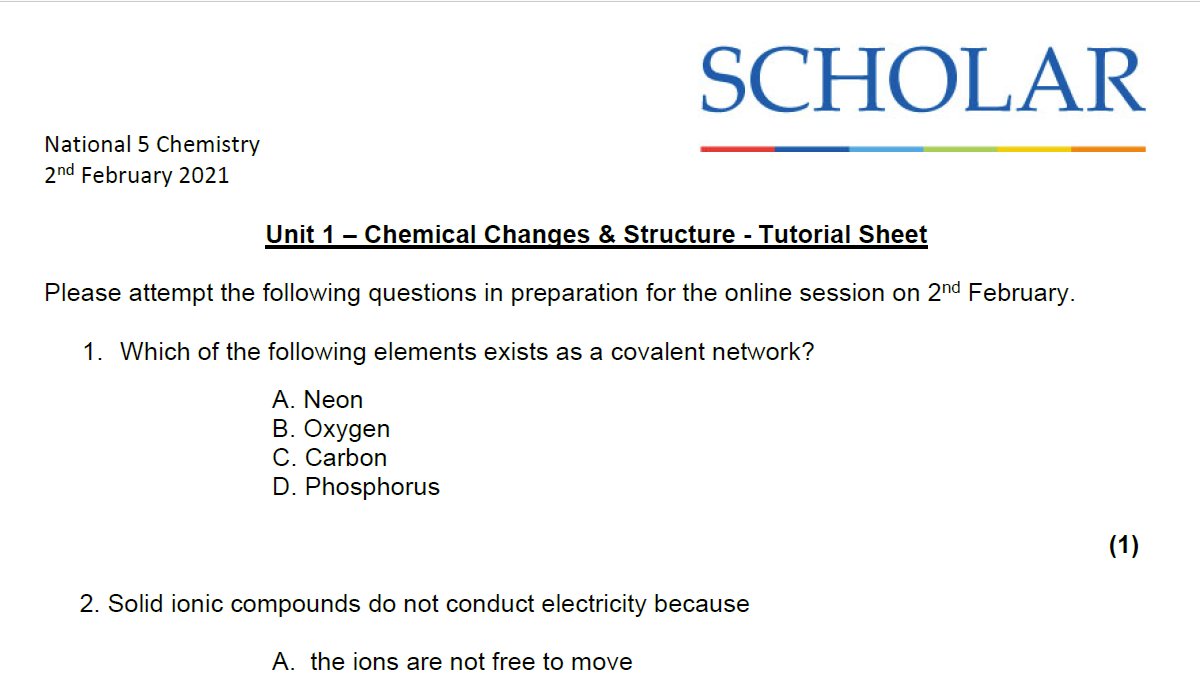 Studying National 5 Chemistry? Try our ‘Chemical changes and structure’ worksheet: scholar.hw.ac.uk/PublicWebsiteS…

Join us at 6:00 pm on Tuesday 2 February
heriot-watt.adobeconnect.com/scholartutorse…

#National5Chemistry #revisionhelp