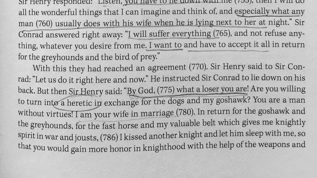 Sir Henry announces that he's the wife and CHEWS the husband out for agreeing to be a "heretic" with another man. The wife, basically: "Yes, what I did was bad, but this is SO MUCH WORSE, you loser. Also, I held out for a LOT more presents than you."