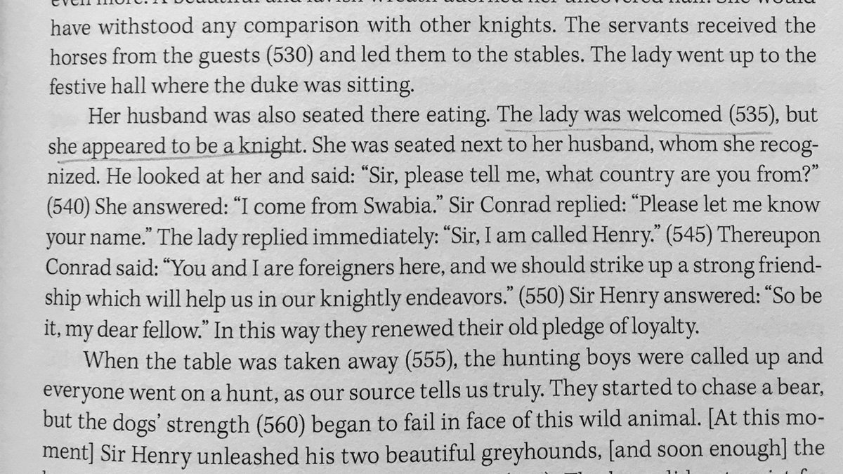 Then she goes to her husband's court and announces herself as Sir Henry of Swabia. At this point, the narrator switches pronouns and names, describing Sir Henry consistently as a man.