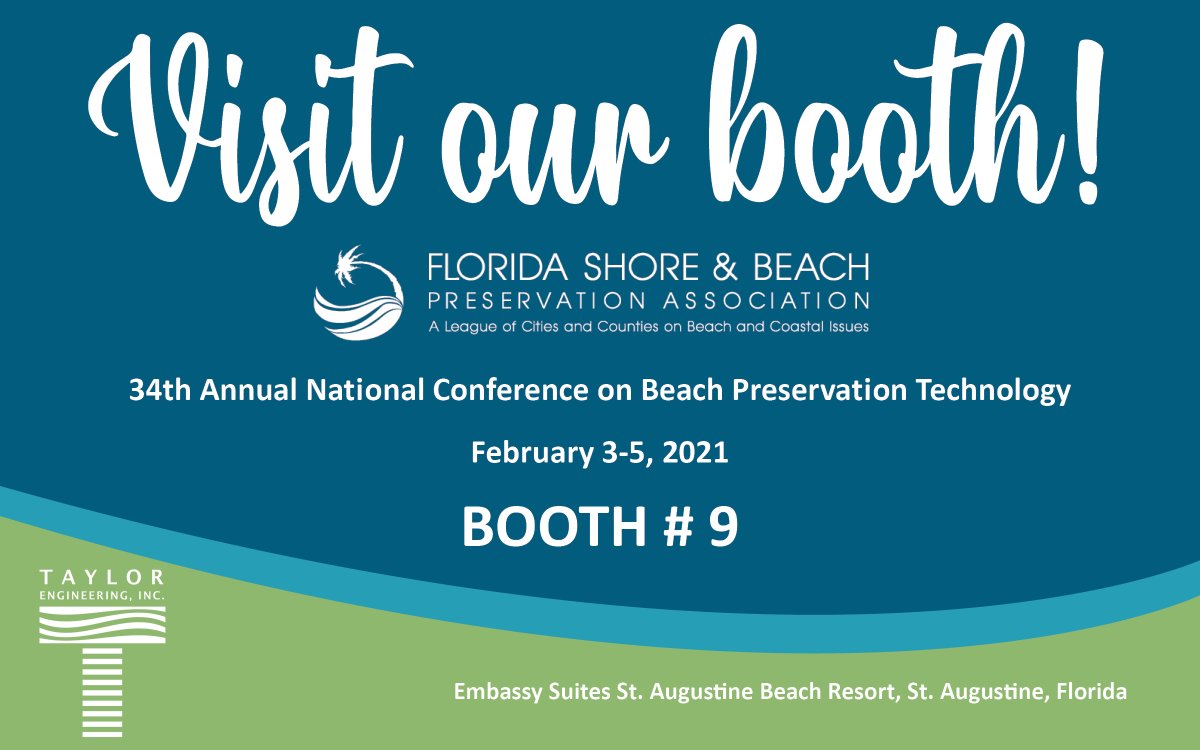 Tayloreng's tweet photo. Attending @FSBPA #BeachTech21 next week? Stop by our booth and say hello!
#FSBPA #coastalengineering #resiliency https://t.co/3Z1S7sBPIR