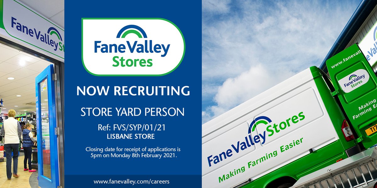 RECRUITING NOW! STORE YARD PERSON
We now invite applications for the above position at our Lisbane Store.
Contact the HR Department at Fane Valley. Email: hr@fanevalley.com, Tel: (028) 92 610480 or apply directly through our Get Got portal at fanevalley.getgotjobs.co.uk