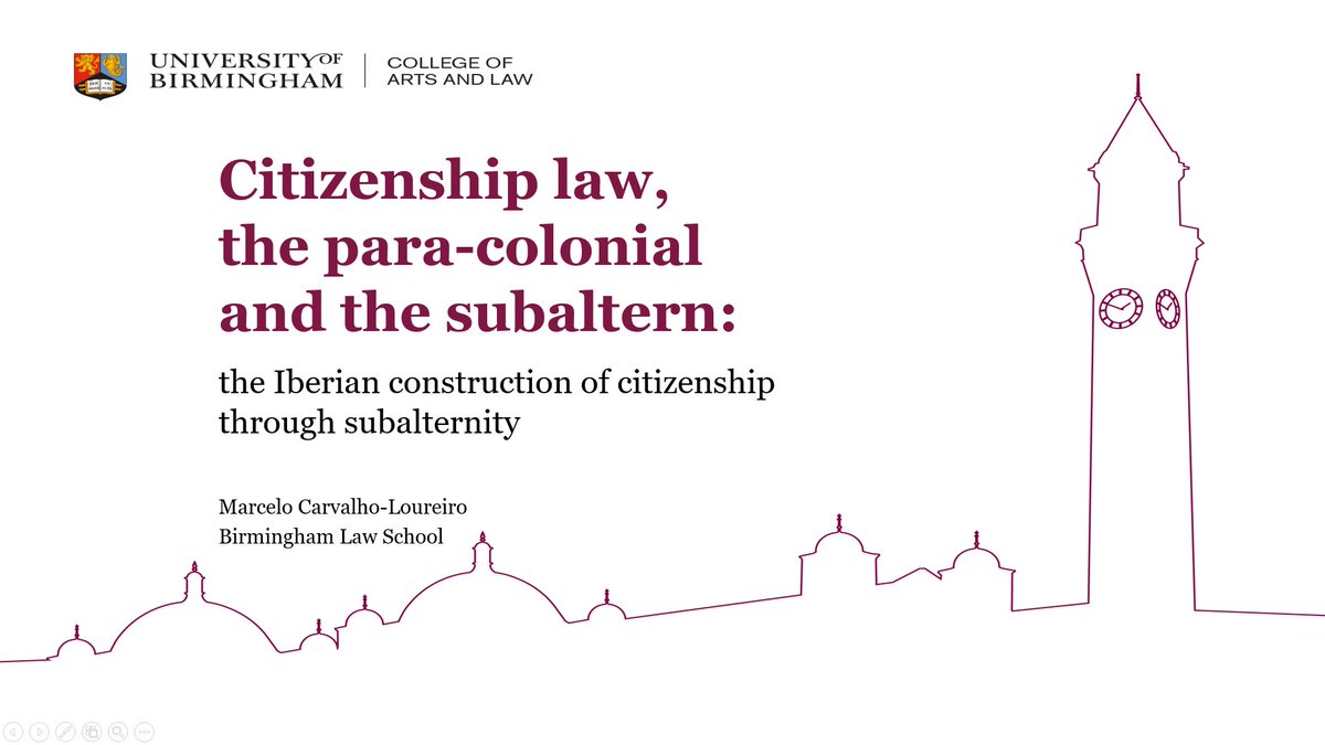 SwanseaUni_LTI's tweet photo. Marcelo Carvalho-Loureiro from Birmingham Law School @unibirmingham on “Citizenship law, the para-colonial and the subaltern: the Iberian construction of citizenship through subalternity” #CEPSAMConf “Current Trends in Research on #Spain, #Portugal and #LatinAmerica” @COAHPGR https://t.co/6LocO8d6D9