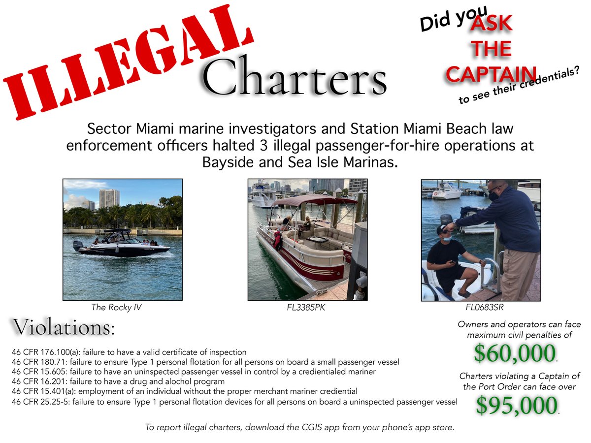 USCGSoutheast's tweet photo. #BoatingRoundUp "These boardings are not going to stop. Our partner law enforcement officers & @USCG #LawEnforcement teams will make sure charters are operating legally under state and federal law, and everyone is safe on the water." - Lt. j.g. Danny Hicks, Sector #Miami https://t.co/qGN9IwpES2
