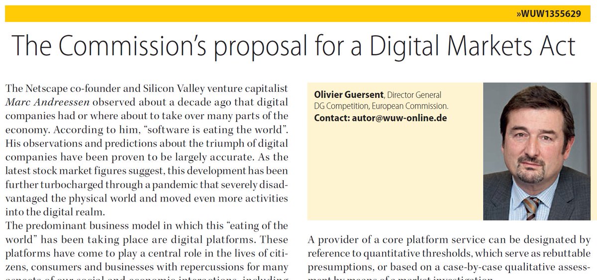 mpololeon's tweet photo. Olivier Guersent (Director General @EU_Competition) on the Commission's DMA proposal – the february editorial of #WuW (WuW 2021, 69) https://t.co/qn02NVzzJI (free access) https://t.co/mtKqL8r3GS