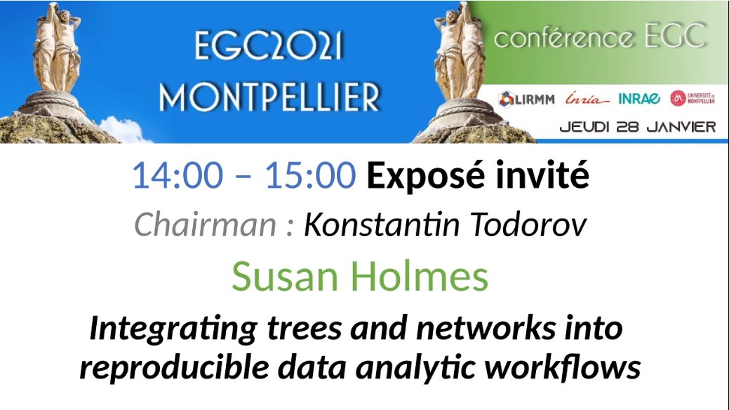 Le live va commencer : Susan Holmes - "Integrating trees and network into reproducible data analytic workflows" live.egc2021.lirmm.fr/live.php 
#EGC2021 <a href="/associationEGC/">Association EGC</a>