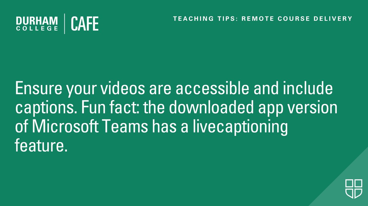 TheDCCTL's tweet photo. #TeachingTips - #RemoteDelivery: Ensure your videos are accessible and include captions. Fun fact: the downloaded app version of Microsoft Teams has a livecaptioning feature. #CAFETips https://t.co/xvRvvW7S1a