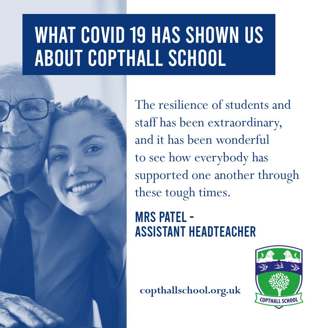 Copthall_School's tweet image. Continuing with our reflective series, today Mrs Patel, Assistant Headteacher explains what the pandemic has shown her about @Copthall_SchoolSchool. #supportingeachother #pandemicreflections #barnet #millhill #copthallfamily