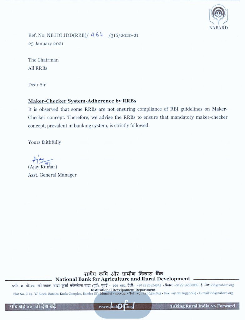 2019Seema's tweet photo. #MakerChecker The work that is done by two individuals i.e., maker and checker separately is done by a single individual in many branches of RRBs. Despite the clear guidelines of Nabard many branches r running with one officer. @DFS_India @RBI @NABARDOnline @PMOIndia https://t.co/gwHZpyKEca