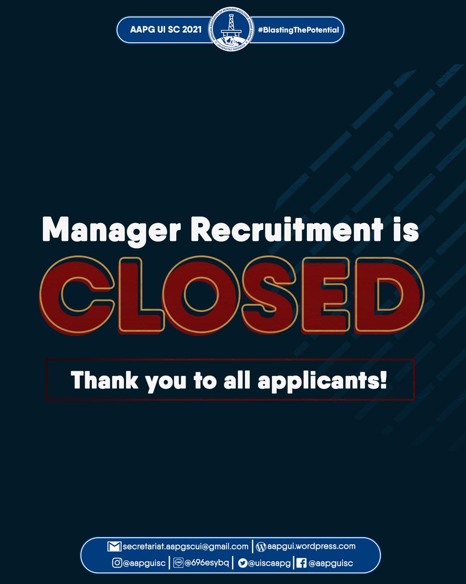 [MANAGER RECRUITMENT CLOSED]

Hello, AAPG!

AAPG UI SC 2021 Manager Open Recruitment has officially closed!

Thank you for all applicants and congratulations to those who proceeds to the interview phase!

AAPG UI SC 2021
#BlastingThePotential