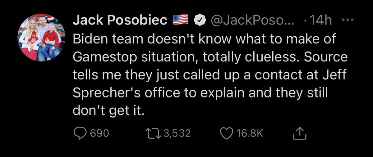 17/ Posobiec pumped the GME situation constantly the last 24 hours in his foreign influence campaign, taking every opportunity to make fun of the Biden admin, and suggest the market would crash. But this is just bros makin’ dough, yeah?
