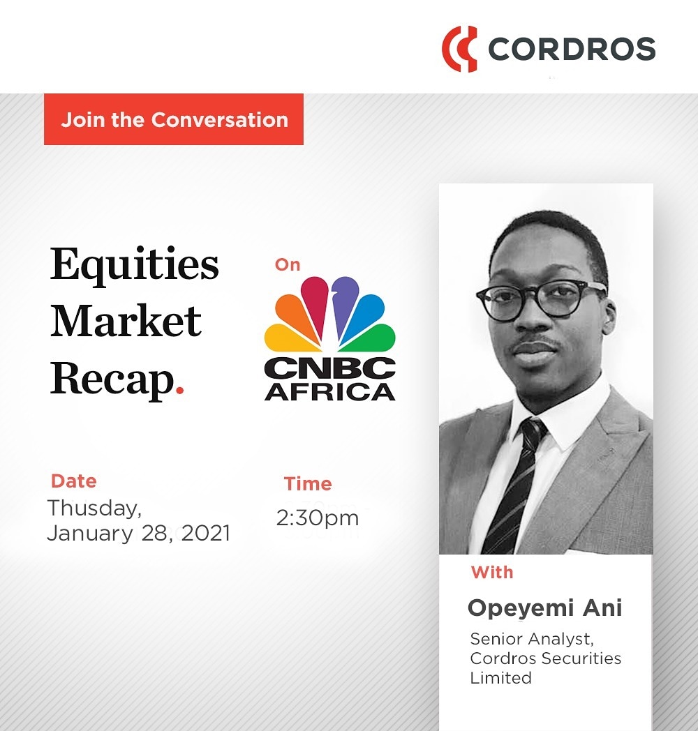 Our Senior Analyst, Opeyemi Ani, will be live on <a href="/cnbcafrica/">CNBC Africa</a> to recap the activities in the Equities Market so far. He will also be sharing some insights on consumer goods stocks and telecom earnings.

Join the conversation today live: cnbcafrica.com/live/
.
.
#cordroslive