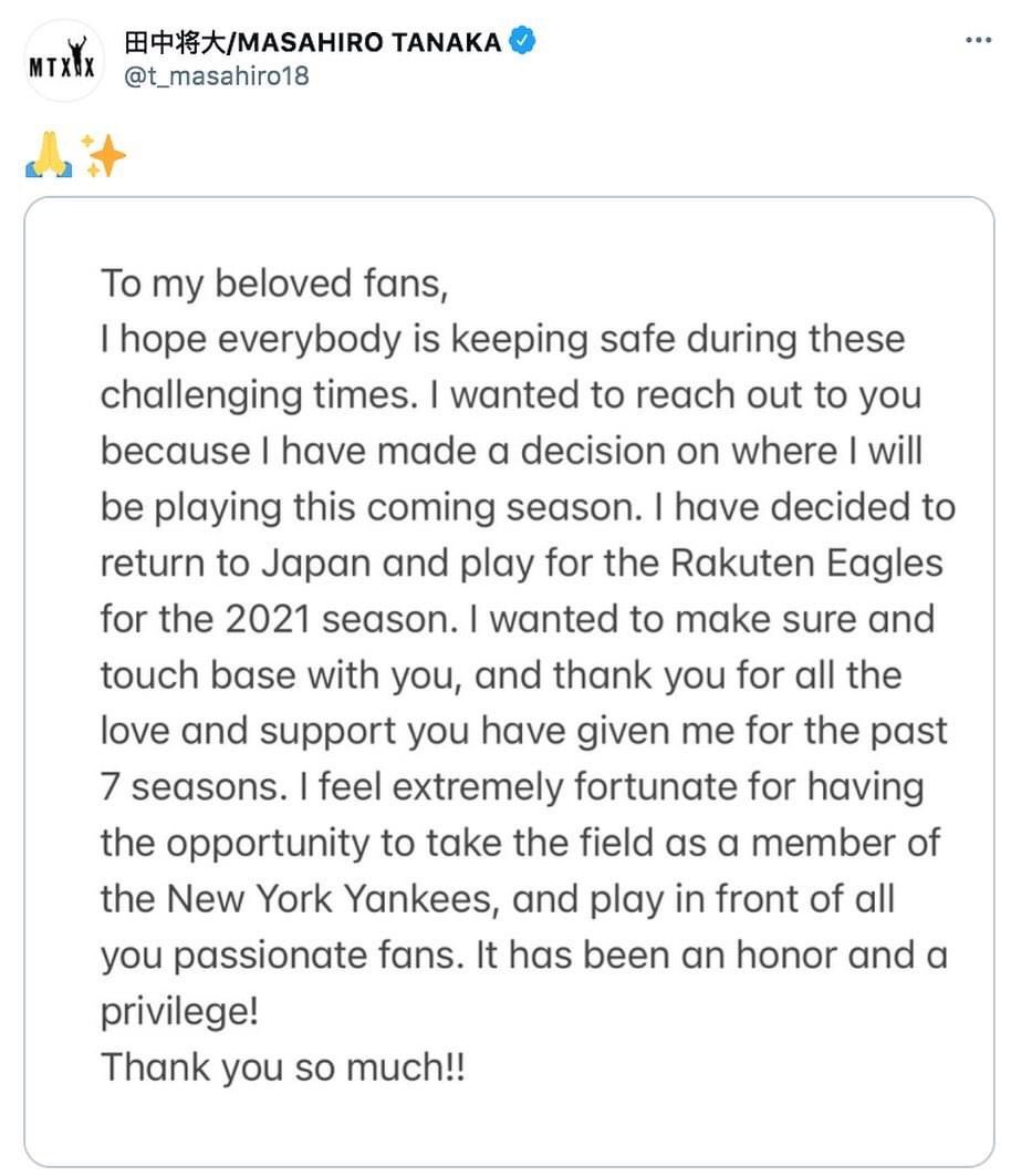 BPCrewSouthFLA's tweet photo. #ThankYouMASA #Masahiro #Tanaka #Goodbye #GoodbyeMASA #Yankees #Rakuten #Eagles #Japan https://t.co/SSjLH9zD9X