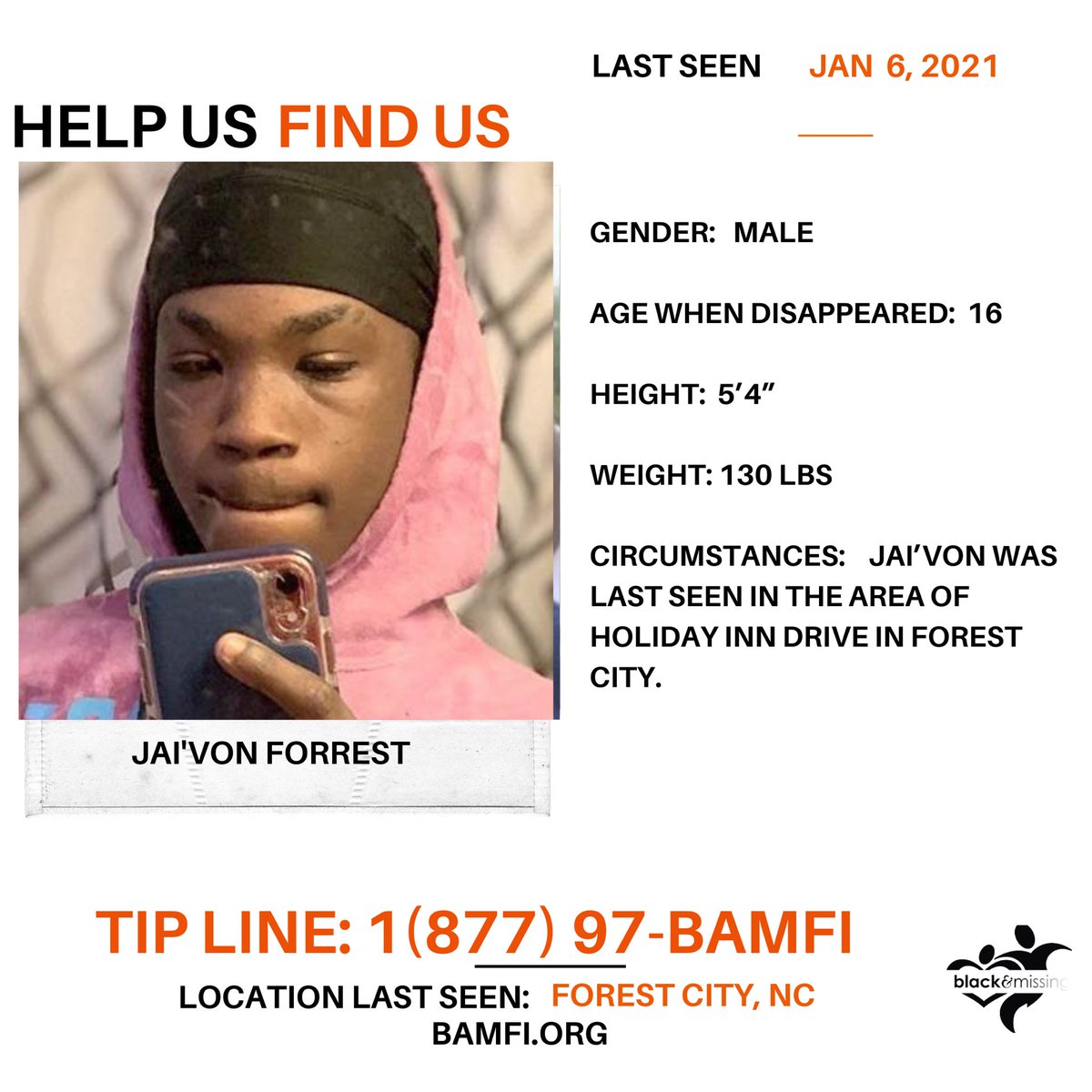 BAM_FI's tweet photo. Forest City, NC: 16y/o Jai’von Forrest was last seen in the area of Holiday Inn Drive in Forest City on Jan. 6. 

#HelpUsFindJai’von https://t.co/pzOKpi0g1B