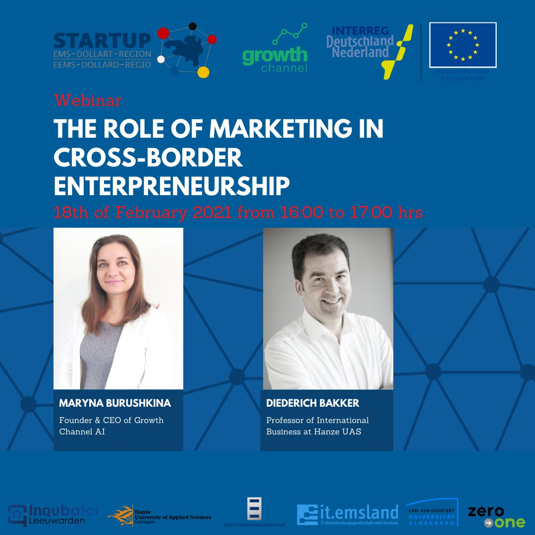 Why is growth marketing important for start-up success? And what can we learn from the ‘Lean Startup Model’ in cross-border entrepreneurship? Meet Maryna Burushkina and dr. Diederich Bakker during our online event! Find more information and sign up here: bit.ly/3sZzjhP