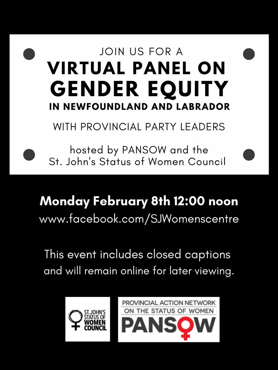 SAVE THE DATE: all-party Virtual Panel on Gender Equity, Monday February 8th with <a href="/PANSOWnl/">PANSOW</a>. We've asked our party leaders five questions from across the province - from Cornerbrook to Port Saunders. Tune in for their answers. #NLPoli