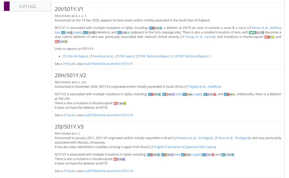 On other pages we can see even more information. On the S:N501 page, we can see even more information & links about the S:N501 mutation itself (pic 1), & detailed information on the 3 variants that have this mutation (501Y.V1 [B.1.1.7], 501Y.V2, 501Y.V3) (pic 2).4/12