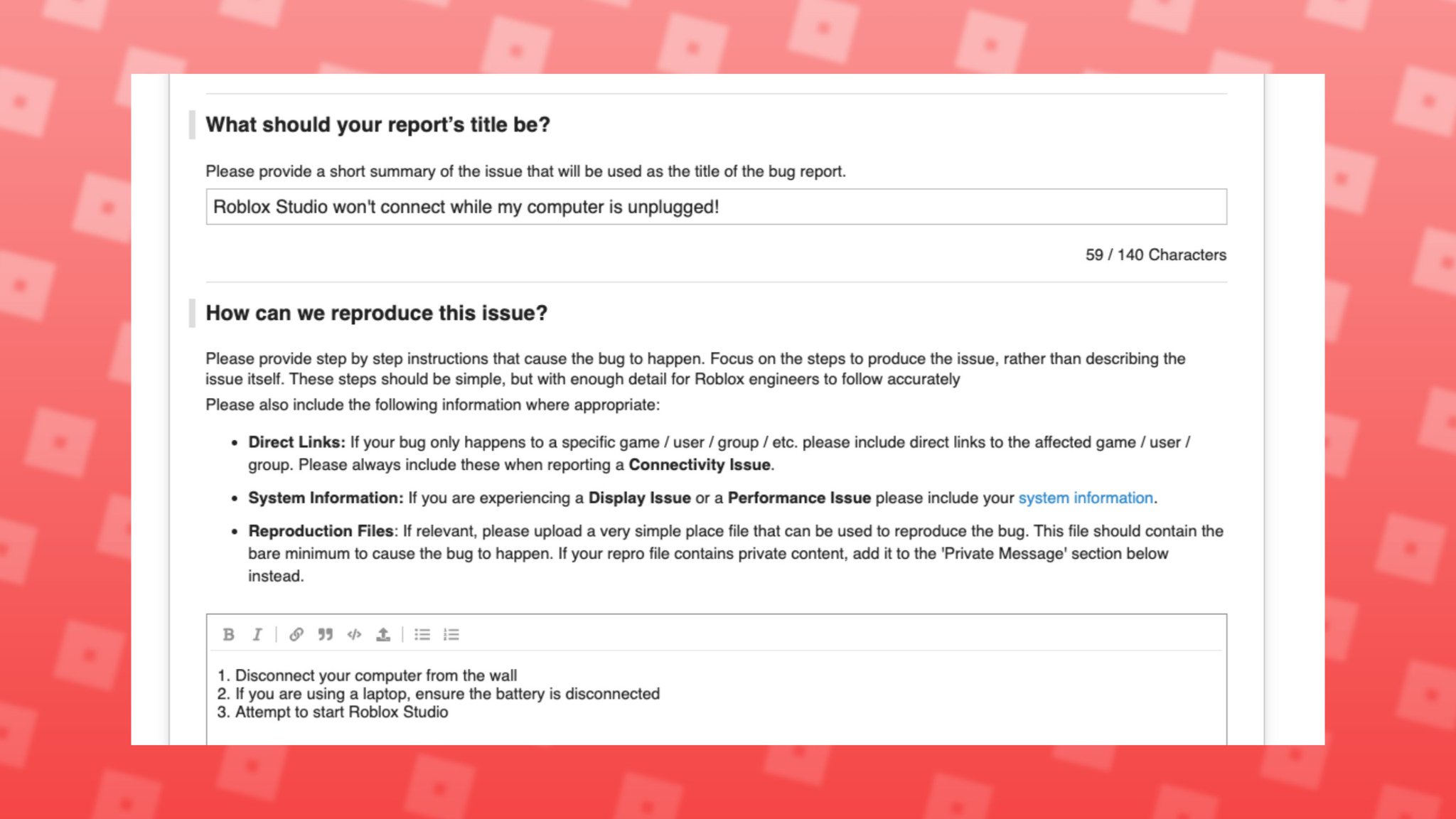Rbxnews On Twitter Introducing The Bug Report Wizard Beta Available To Regular Robloxdev Forum Members This Tool Allows You To Send Bug Reports To Roblox Devforum Https T Co Pmxzsfjldp News Https T Co Ahdyyybbeq - roblox studio bug report