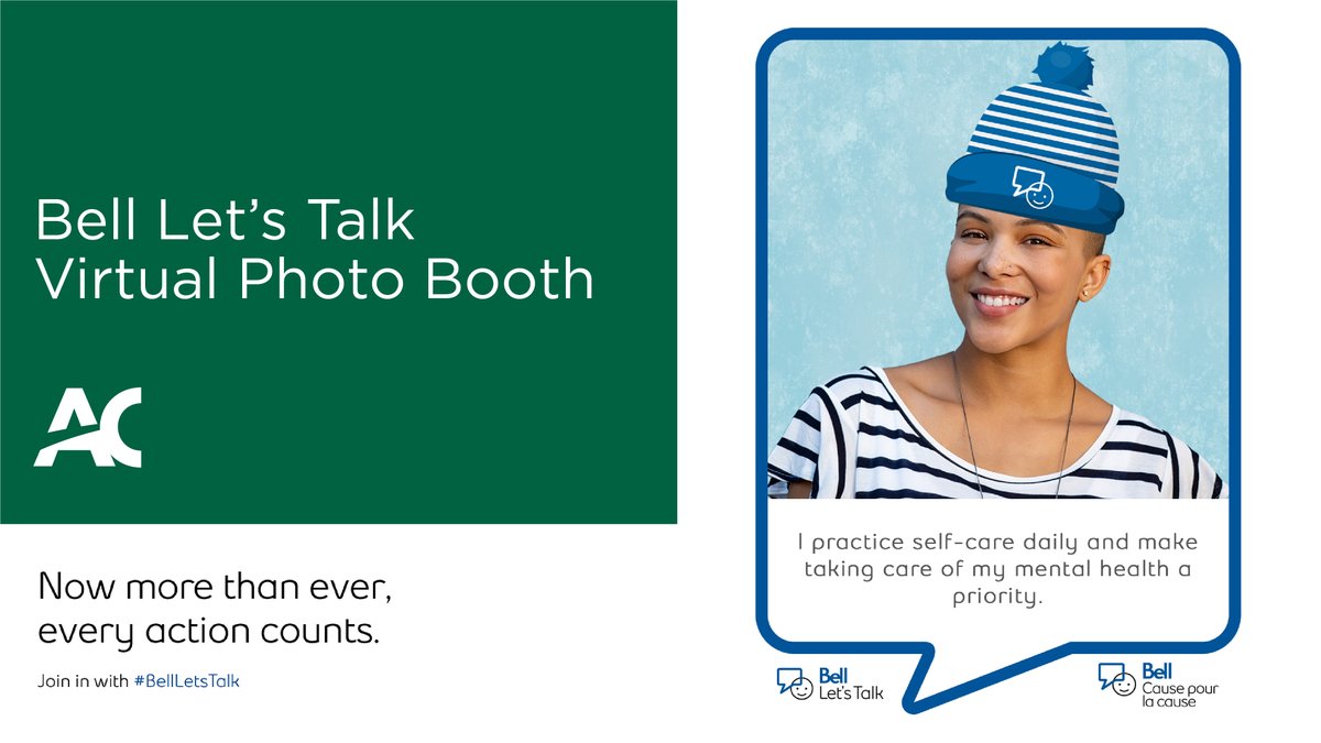 AlgonquinColleg's tweet photo. Today is #BellLetsTalk Day, a day where we come together to acknowledge the importance of discussions surrounding mental heath and well-being. Show your support for mental health awareness by adding your picture and a message to AC's virtual photo booth.  https://t.co/DmMQmMcvTN https://t.co/lek29f1T7B