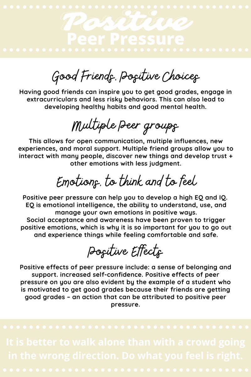 Young people can positively impact one another's choices.  Building a positive peer group helps you reach your full potential.  Positive peer groups help you when faced with difficult decisions.  What is positive pressure?  Need reminders of the ways to refuse negative pressure?