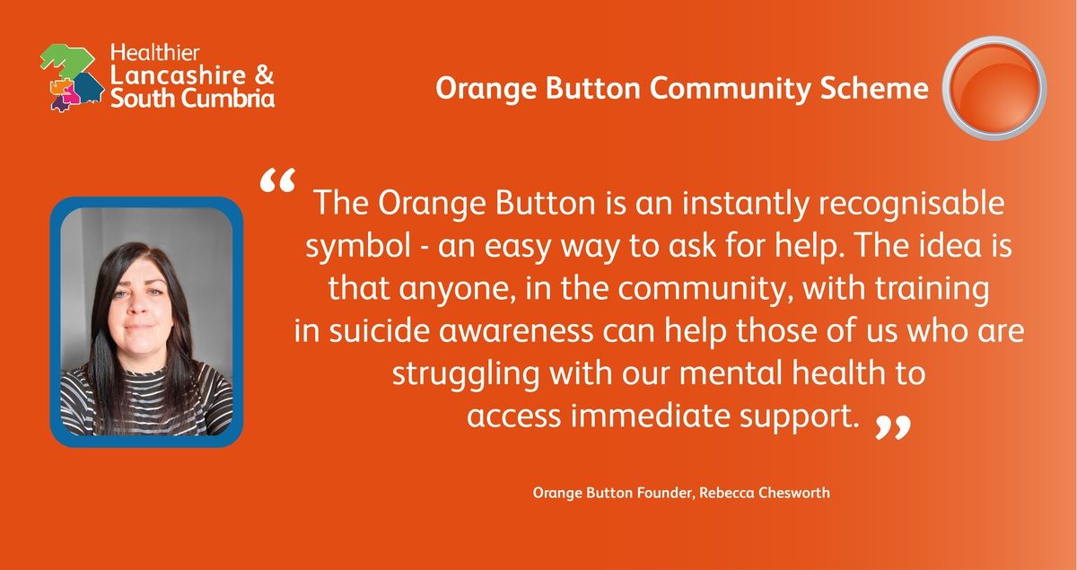 Westlancsbc's tweet image. We all go through hard times, especially during the current pandemic. Why not help the local community and become part of the #OrangeButtonCommunity? You will help to provide support and advice to those who are struggling with their
mental health. 
healthierlsc.co.uk/OrangeButtonSc…