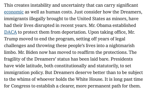 The closest they get is this paragraph about how protections for DREAMers would be more durable if they were legislated. No shit, that's why that's included in Biden's immigration plan. Should he not have done this in the interim? They don't say.