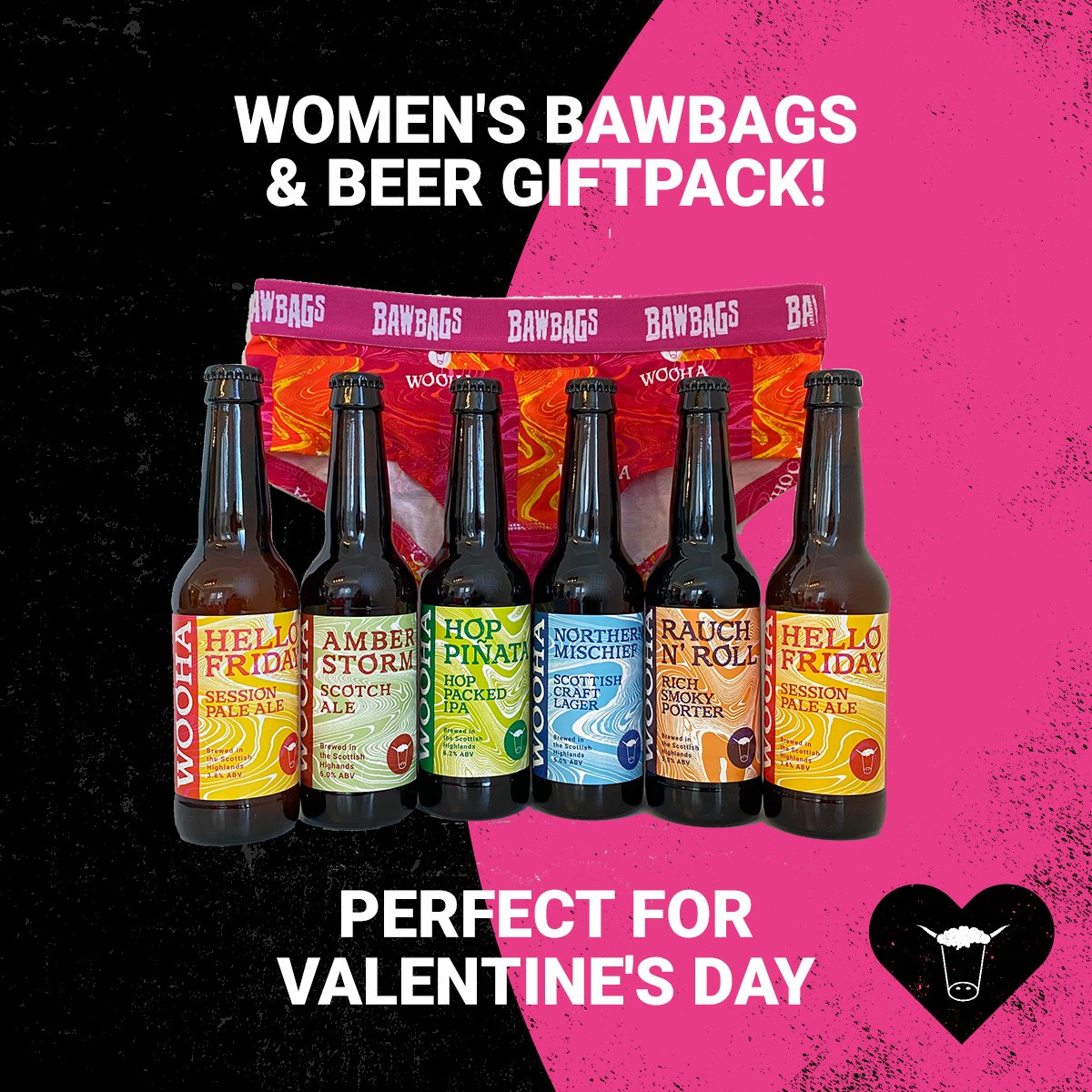 Don't forget Valentine's Day is just around the corner ❣️

😍 x1 Pair WooHa cotton women's Bawbags
🍺 x6 Bottles of Highland brewed beer
💝 x1 Very well received gift