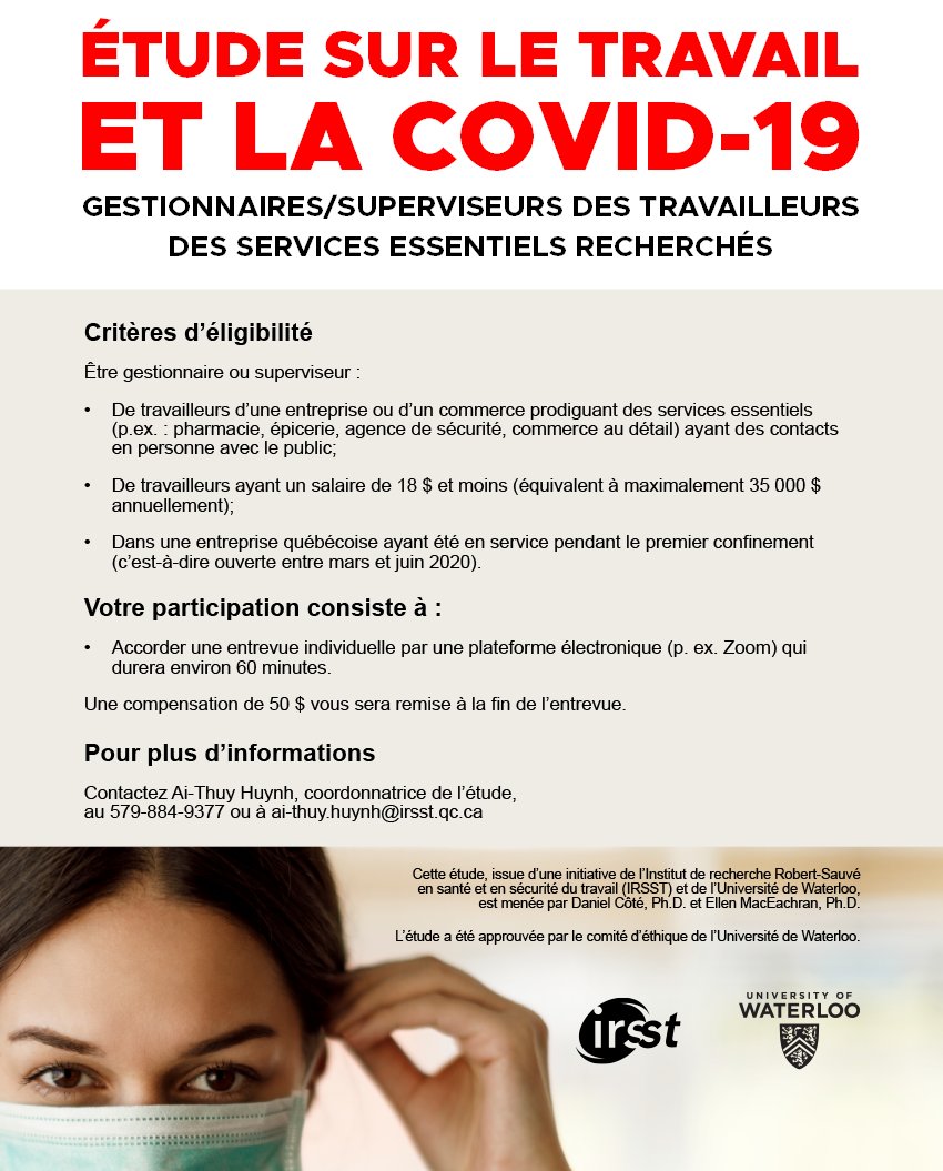 Une équipe de recherche est à la recherche de gestionnaires et de superviseurs pour une étude sur la prévention de la COVID-19 dans les services essentiels.

📣 Partagez!