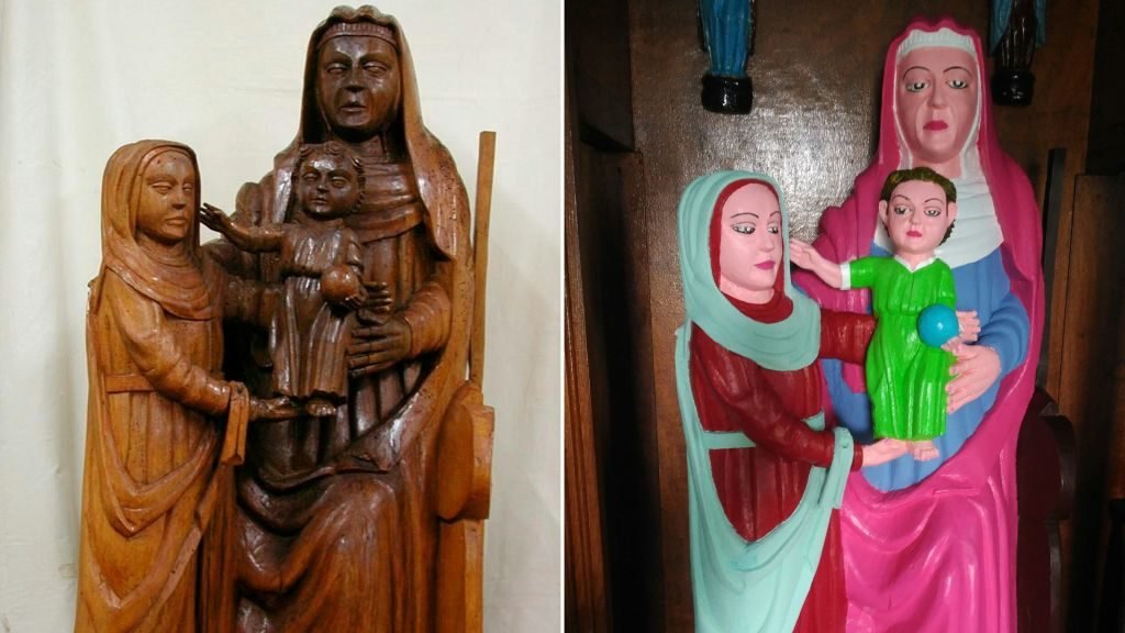 These church statues were professionally restored in 2002, but in 2018 a local resident obtained the parish priest's permission to freshen them up. They had been coloured for the first time  Zoom in for the undereye eyeliner