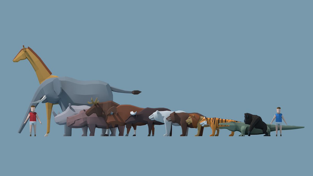 ロージーライフ 動物の大きさをcgモデルで比較 してみた すべて 大型のオス を想定 こういうのはよく 極めて稀な史上最大クラス のサイズを採用してたりしててわかりづらいからね 赤い服の人が180cm 青い服の人が170cm