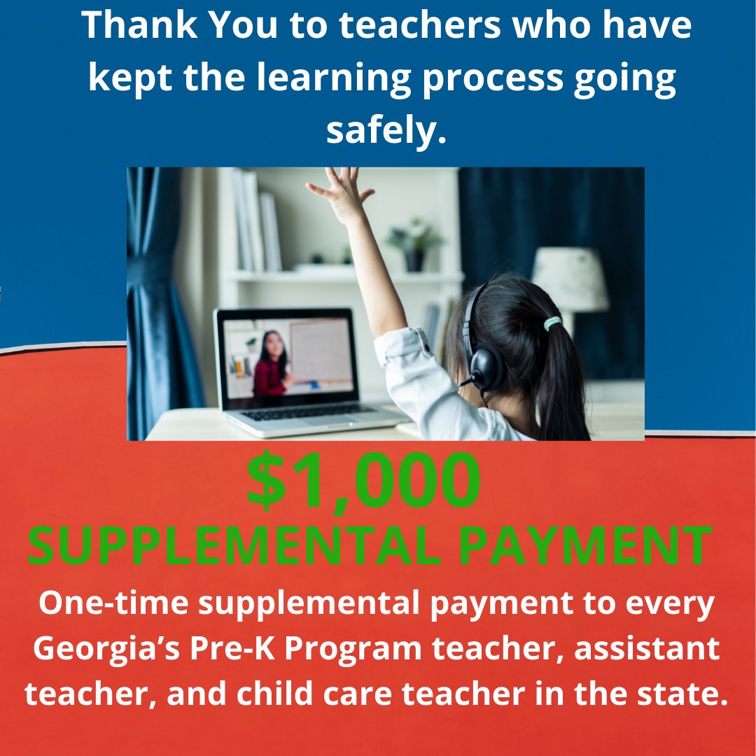 GADeptEarlyCare's tweet image. “These supplemental payments are a small, but tangible way, of expressing our thanks to our early care and education teachers. You can’t put a price on the confidence and peace of mind of knowing that your children are being well cared for and educated.” @CommJacobs