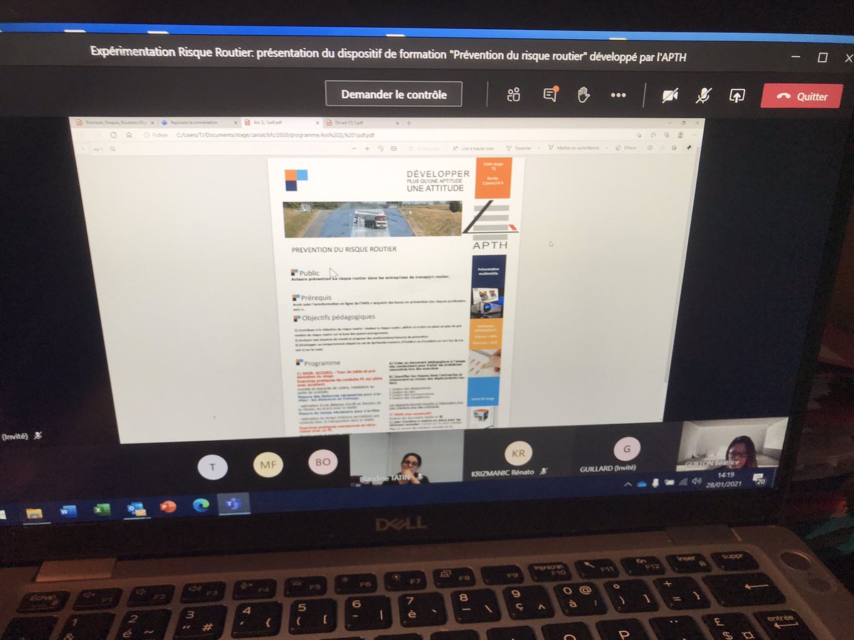 #risqueroutier #prévention  la Fntr Franche-Comté participe au groupe projet de la CARSAT sur la prévention du risque routier dans le TRM. Visioconférence  pour la présentation du dispositif de formation prévention du risque routier développé par l’APTH.