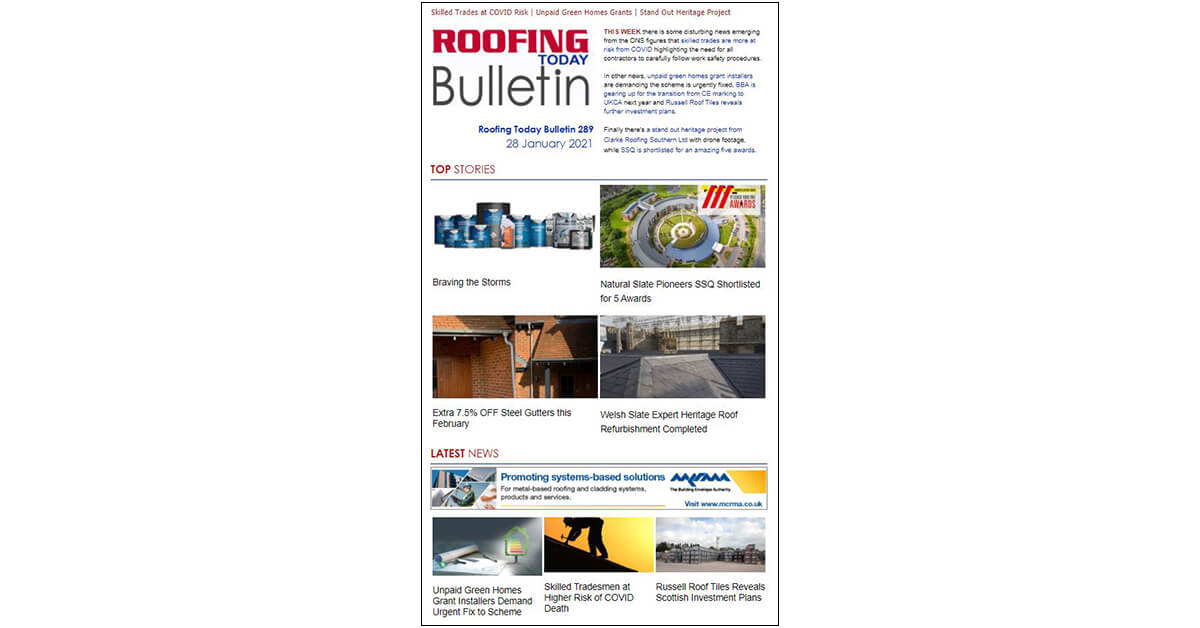 Roofing Today Bulletin 289 - OUT NOW! bit.ly/3a6lEg8 #heritage #roofing project @WelshSlateLtd &amp; <a href="/ClarkeRoofingSL/">ClarkeRoofing</a> Unpaid #greenhomesgrant installers  <a href="/SolarEnergyUK_/">Solar Energy UK</a> #sealants for winter weather <a href="/BondItUK/">Bond It</a> <a href="/SSQSlate/">SSQ Natural Slate</a> up for 5 awards @rainclearsys #steel #gutter #offer