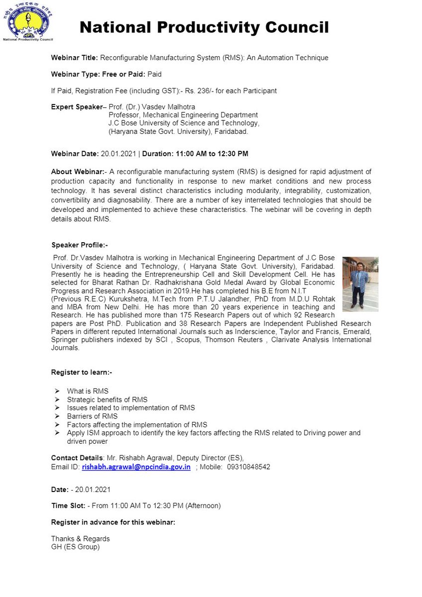 NPC_INDIA_GOV's tweet photo. Webinar on"Training Needs Assessment"
Register Now:-https://t.co/hTe6sBqMGM
Contact:-rishabh.agrawal@npcindia.gov.in ; Mobile: 09310848542
Date:-- 03.02.2021
Time Slot: - From 11:30 AM To 1:00 PM (Afternoon)
Fee:-- Rs. 236/- for each Participant
#npcindia #npc #webinar #Training https://t.co/SR45sSXdJC
