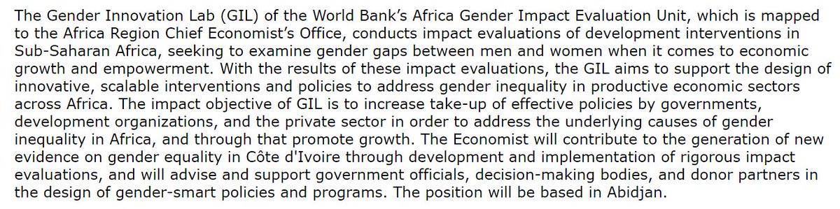 🚨Job alert🚨 #Abidjan-based Economist position to support evidence-based policymaking with #WBGenderLab/@WorldBankAfrica in Côte d'Ivoire 🇨🇮. App. deadline = Feb. 11. #CIV worldbankgroup.csod.com/ats/careersite…