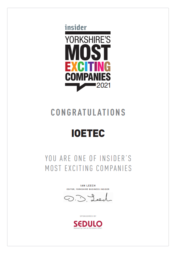 Ioetec has been selected by Insider’s editorial team in Yorkshire as one of Insider’s 50 Most Exciting Companies for 2021! #InsiderMostExciting