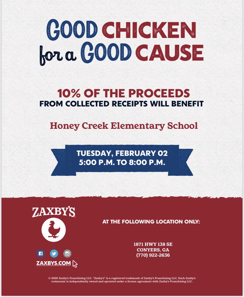 hcethehivepto (@hcethehivepto) on Twitter photo Support our students on Tuesday 2/2 by picking up Zaxby’s for dinner! Spirit night 5-8pm, tell them you’re with Honey Creek. <a href="/hce_stemacademy/">Honey Creek</a> Support our students on Tuesday 2/2 by picking up Zaxby’s for dinner! Spirit night 5-8pm, tell them you’re with Honey Creek. <a href="/hce_stemacademy/">Honey Creek</a>