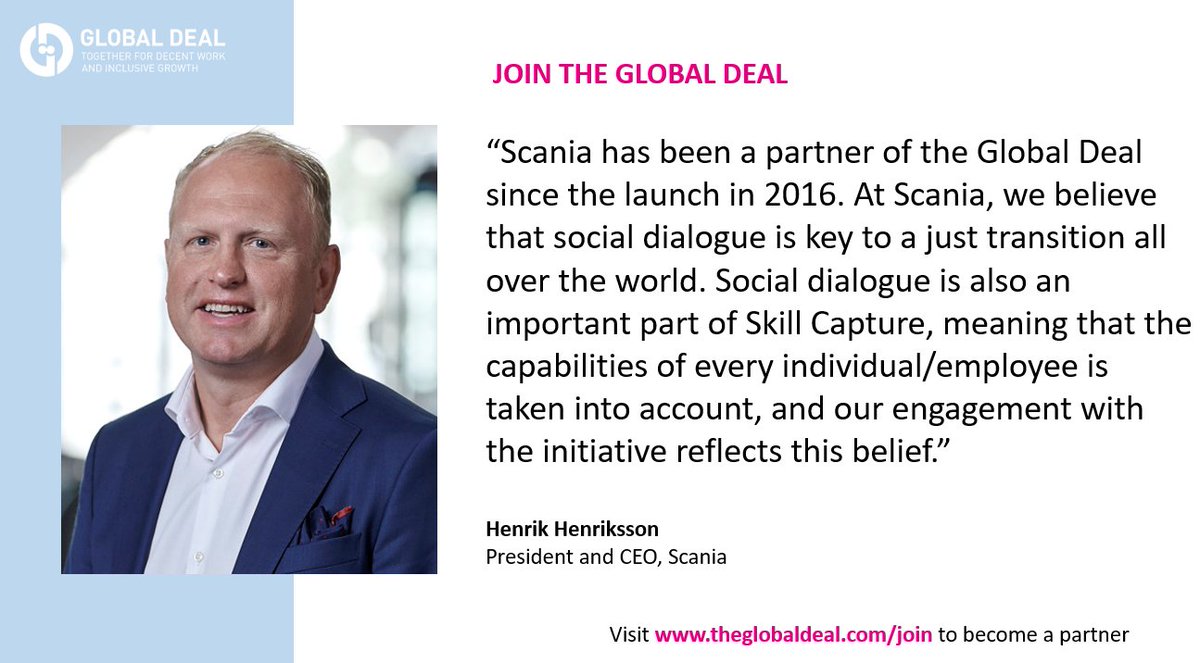 theglobaldeal's tweet photo. 🚩JOIN THE GLOBAL DEAL🚩

President and CEO of @ScaniaGroup Henrik Henriksson on the importance of social dialogue.

Learn more about the Global Deal: https://t.co/t8DCnLBKpK

#JoinThePartnership #GlobalDeal https://t.co/DDkxHpXF1a