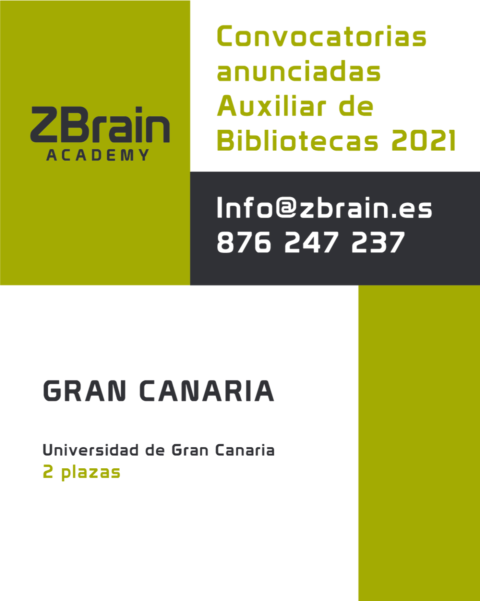 ZBrain_Edu's tweet photo. ¡Convocatorias anunciadas #Auxiliardebibliotecass 2021!
¿Quieres prepararte con Nosotros?
Solicita información
876 247 237 - Info@Zbrain.es 
#Oposiciones #EmpleoPublico #Biblioteca #Canarias #GranCanaria #ULPGC https://t.co/llSU5XuDvQ