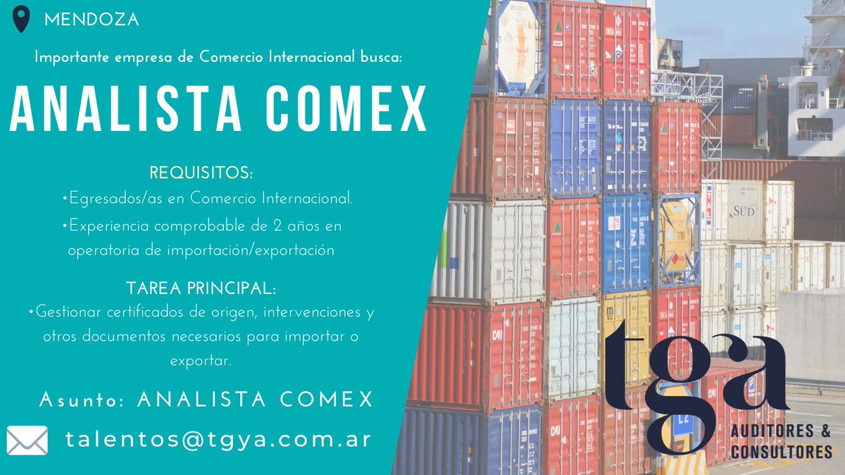 TGA_CONSULTORES's tweet photo. 📢 ¡Búsqueda Activa en Mendoza!
➡️ Nuestro cliente, una importante empresa de Comercio Internacional busca ANALISTA COMEX para incorporar a su equipo.
#Mendoza #OfertaLaboral #OportunidadLaboral #Analista #AnalistaComex #Comex #Comercio #Exterior #Internacional #TGA #Argentina https://t.co/uAdXY0pXW1