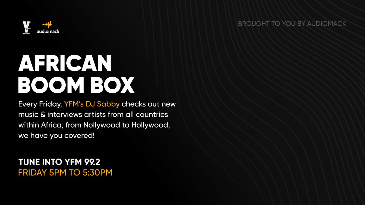 Yfm's tweet photo. Every Friday on #TheBestDrive, we check out all new music and feature interviews of all our favourite African artists. 

Don't miss Africa Boom Box every Friday from 5pm, brought to you by @audiomackafrica https://t.co/oNiwSKjFdh