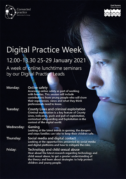 It's #DigitalPracticeWeek in @EastSussexCC  - daily seminars run by our #DigitalPracticeLeads on key topics #OnlineSafety ,#CountyLines and #CriminalExploitation, #Gaming, #SocialMediaAndContact, #Tech and #ChildSexualAbuse. Sharing opportunities and how to mitigate risks