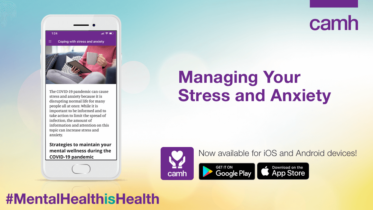 Check out the CAMH Managing Your Stress &amp; Anxiety App to get all of our tips &amp; resources on maintaining your #mentalhealth during #COVID19 in one handy place. 
Download it now:
iOS (apps.apple.com/ca/app/managin…)  
Android (play.google.com/store/apps/det…) 
#BellLetsTalk  #MentalHealthIsHealth