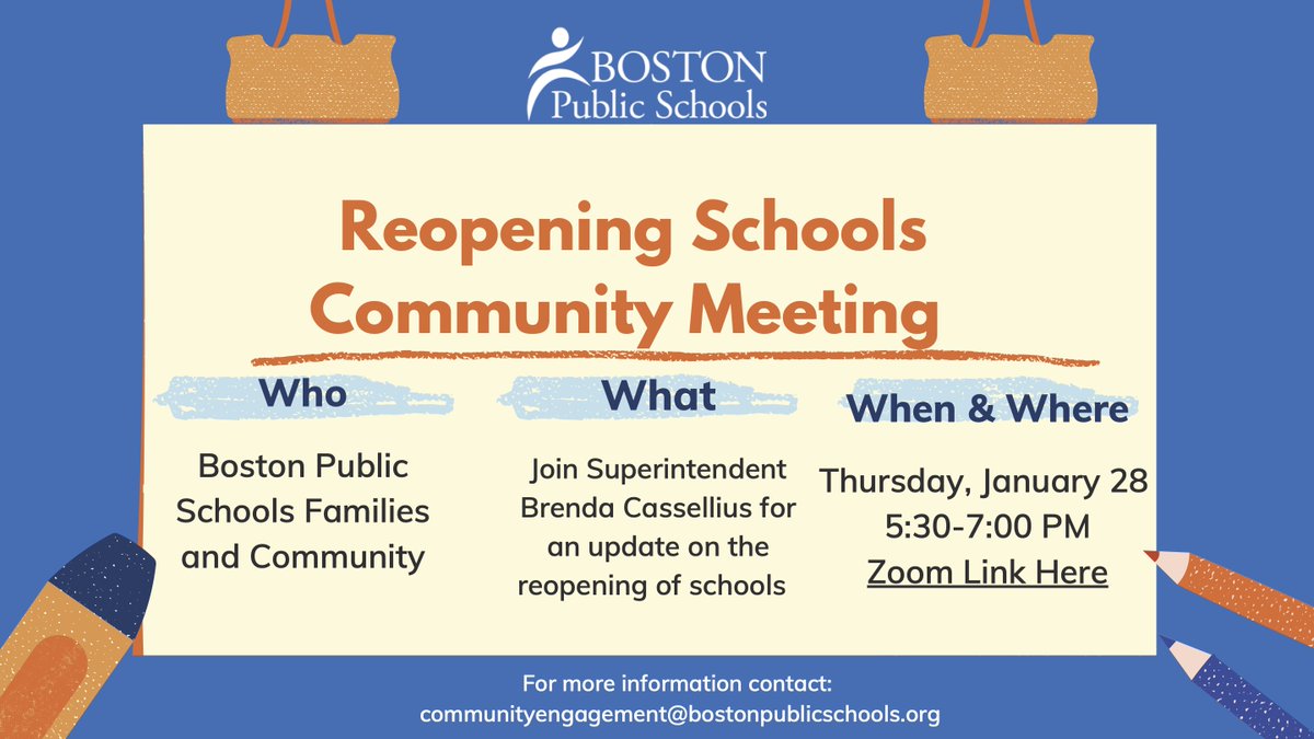 BostonSchools's tweet image. TONIGHT: Join Superintendent, @BCassellius on Zoom for an open discussion on the reopening of schools. Once you’ve registered, you will receive a confirmation email and can submit your questions via email. Register here: ow.ly/OnP550Dhjn6